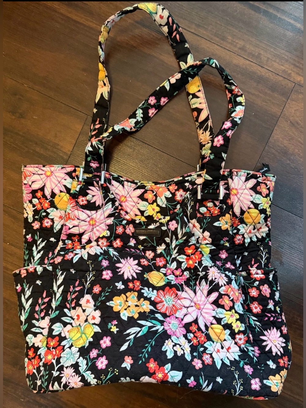 Quilted Floral Vera Bradley Tote Bag in Black and Multicolor
